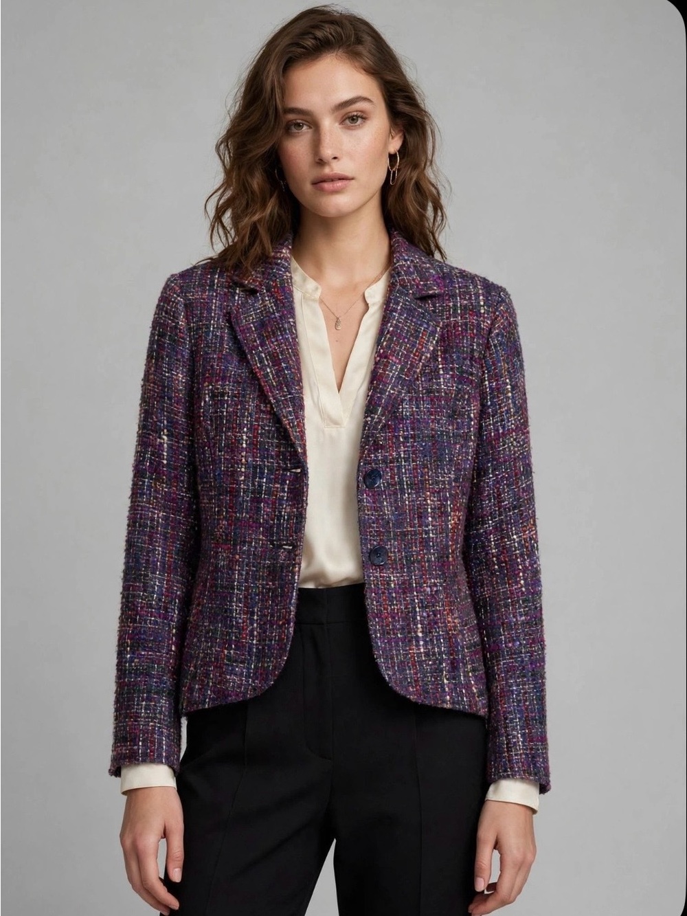 Coldwater Creek Purple Multicolor Tweed Blazer Jacket PTP 19” L 23”